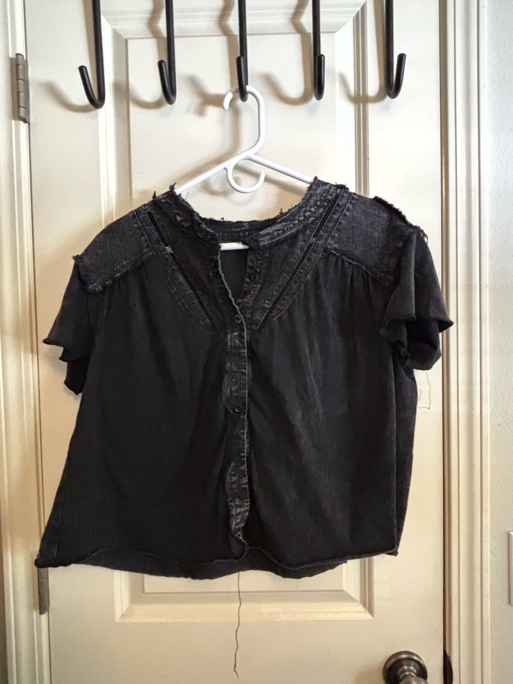 Women's Washed Black Short-Sleeve Button Front Top